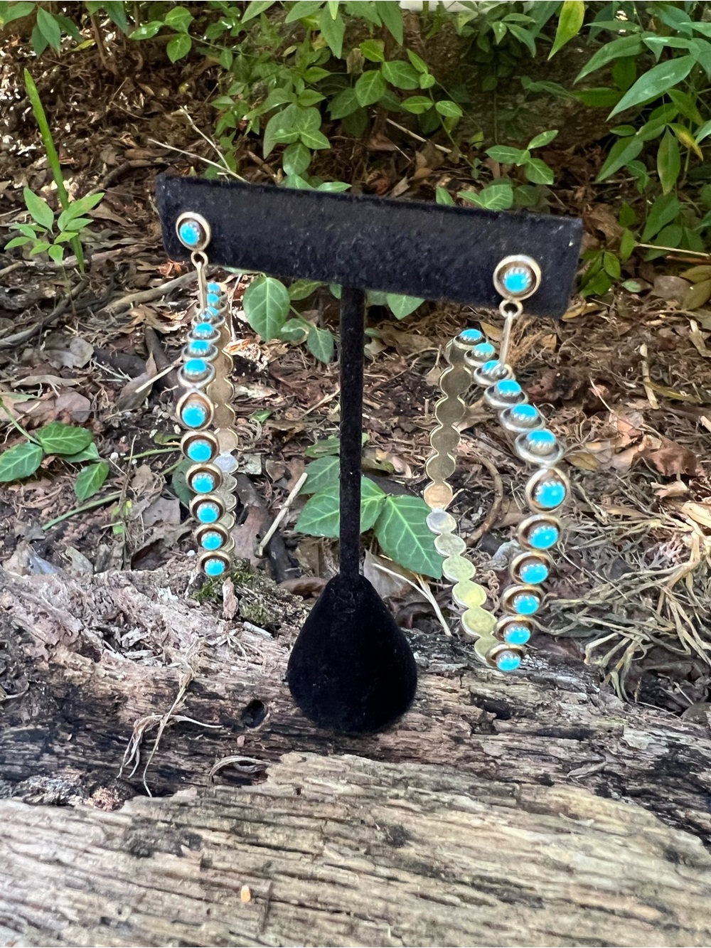 Vtg Zuni Turquoise Sterling Silver Snake Eye Square Hoop Dangle Earrings 925 - Picture 11 of 12